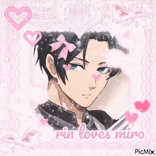 a picture of a boy with a bow in his hair and the words rin loves miro