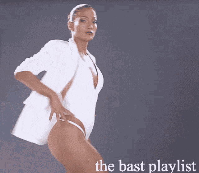 a woman in a white swimsuit is dancing with the words the bast playlist above her