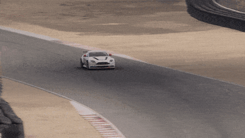 a white car is driving on a race track