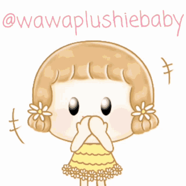 a cartoon of a girl with flowers in her hair and the words @wawaplushiebaby below her