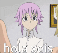 a cartoon character with pink hair and the words hola xeis on the bottom