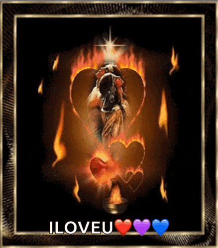 a picture of a woman surrounded by flames and hearts with the words " i love you " on the bottom