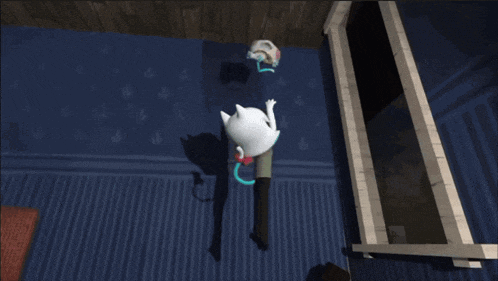 a cartoon cat with a blue tail is standing in a room