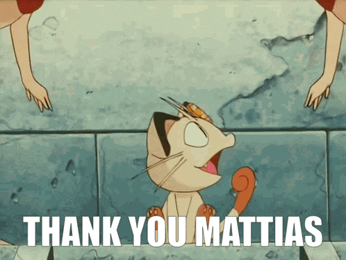 a cartoon cat says " thank you mattias " in front of a wall