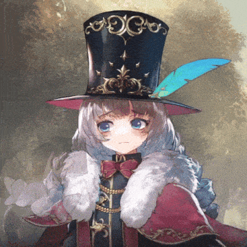 a girl wearing a top hat with a blue feather