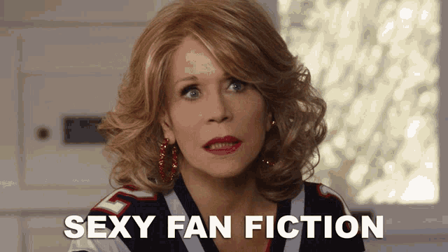 a woman wearing a jersey that says ' sexy fan fiction ' on it