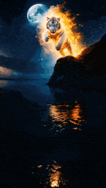 a white tiger is surrounded by flames and is reflected in the water