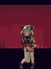 a girl with a cat hood is standing in front of a red wall