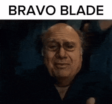 a bald man is making a funny face with the words bravo blade above him