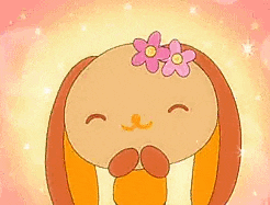 a cartoon rabbit is standing in a field looking at the camera .