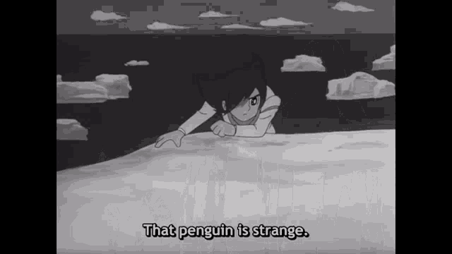 a black and white cartoon of a girl pointing at a penguin that says that penguin is strange