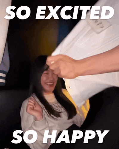 a picture of a girl with the words so excited so happy behind her