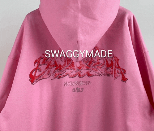 a pink hoodie with the word swaggymade on the bottom