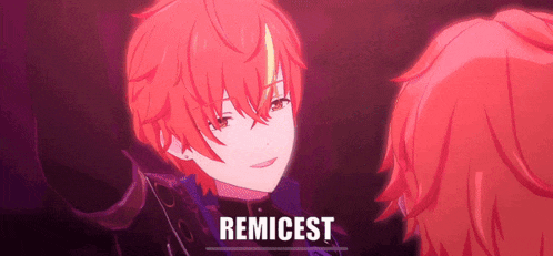 a red haired anime character is standing next to another red haired anime character with the words remicest written below him .