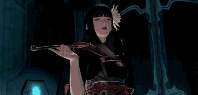 a woman is holding a sword in her hand in a dark room