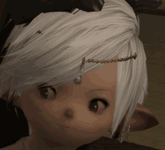 a close up of a person 's face with white hair and red eyes