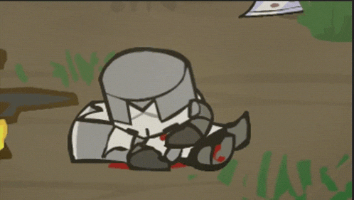 a cartoon of a knight laying on the ground with a sword in his hand