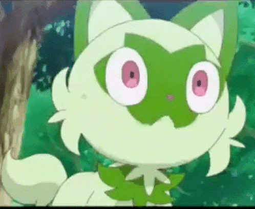 a green and white cartoon cat with pink eyes and a green mask on its face .