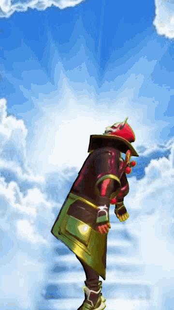 a person is standing on a set of stairs in a cloudy sky