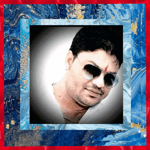 a man wearing sunglasses is surrounded by a blue and red marbled background