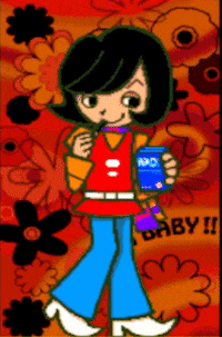a cartoon of a girl holding a can that says axd