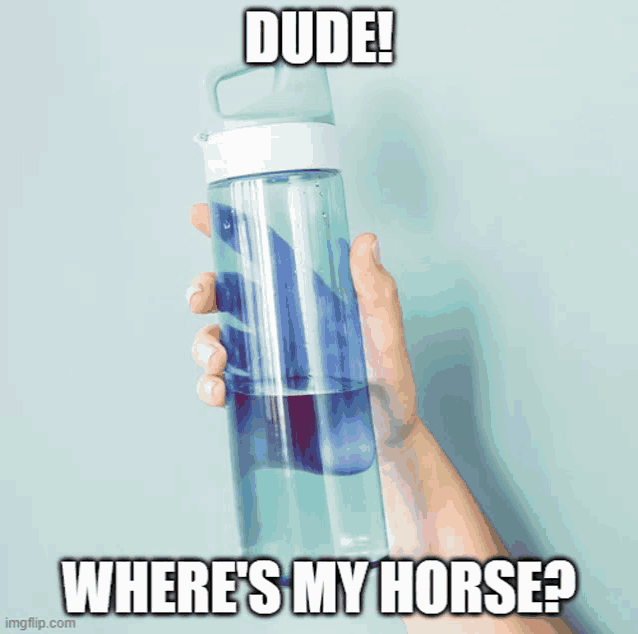 a person is holding a water bottle with a caption that says dude where 's my horse