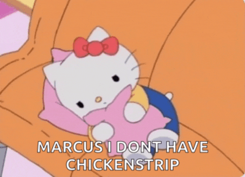 a hello kitty laying on a couch with the words marcus i dont have chickenstrip