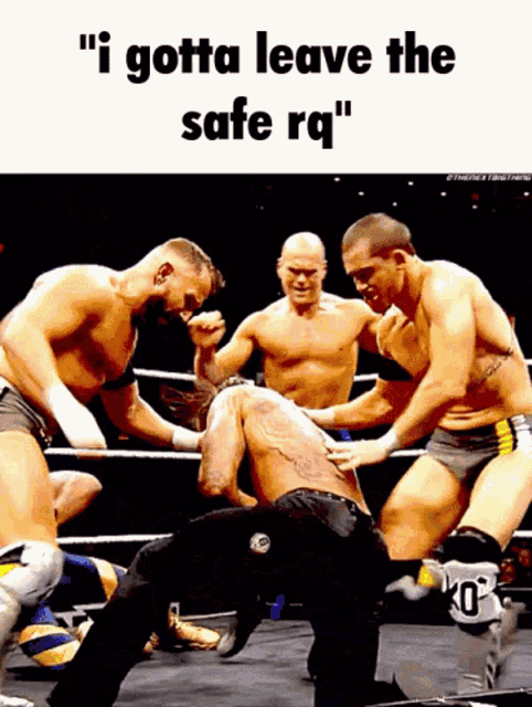 a group of wrestlers are fighting in a ring and the caption says " i gotta leave the safe rq "