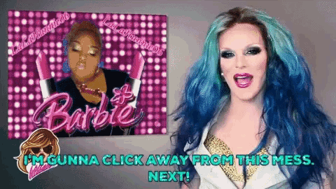 a drag queen with blue hair is standing in front of a poster that says barbie