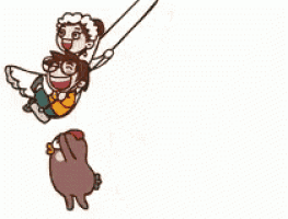 a cartoon of a man carrying a woman on his back on a swing .