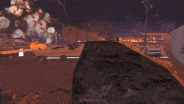 a video game scene with a man standing in front of a large explosion