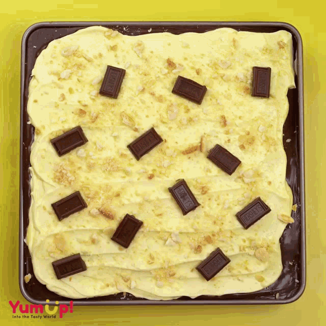 a tray of food with hershey 's chocolate pieces on top