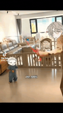 a person is standing in a living room with a baby in a crib and a cartoon character behind them .