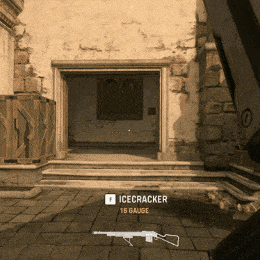 an icecracker 16 gauge rifle is displayed in front of a stone wall