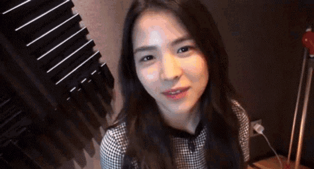 a woman in a plaid shirt is looking at the camera and smiling