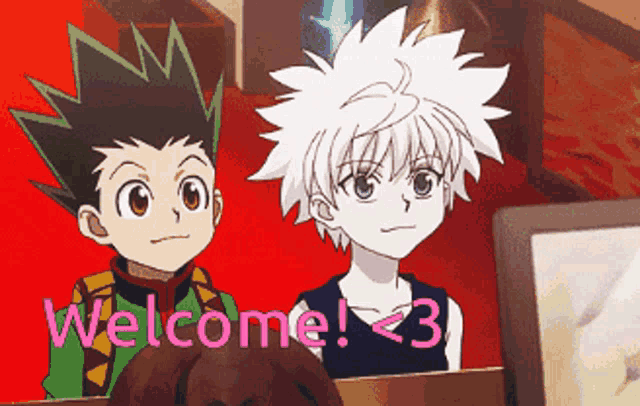 two anime characters are standing next to each other with the words welcome < 3