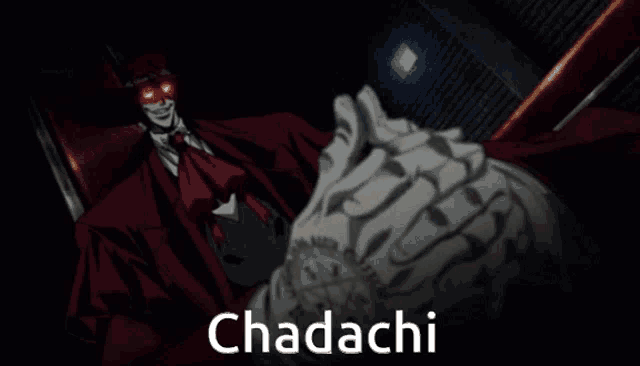 a man in a red suit and tie is holding another man 's hand with the word chadachi written below him