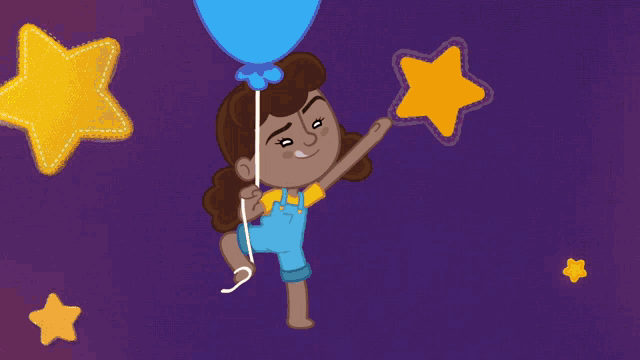 a cartoon girl is holding a blue balloon surrounded by yellow stars