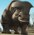 a close up of a rhinoceros standing on a dirt field .