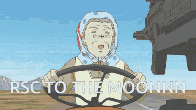 a cartoon of an elderly woman driving a vehicle with the words rsc to the moonnn