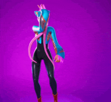 a cartoon character with long pink hair and a cat mask on her head is dancing against a purple background .
