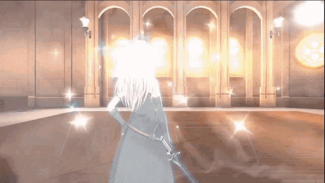 a woman in a white dress is holding a sword in front of a building with arches