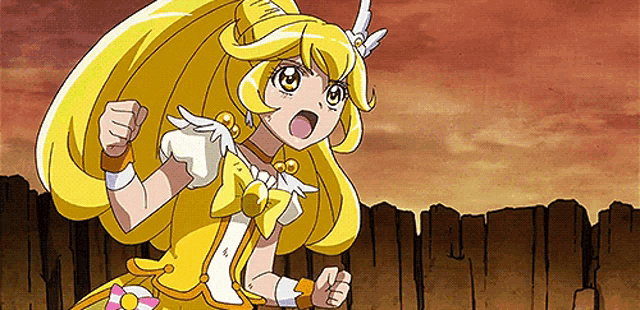 a cartoon girl with long yellow hair is standing in front of a fence .
