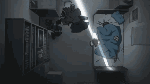 a cartoon of a man laying on a bed in a room with a sign that says ' a ' on it