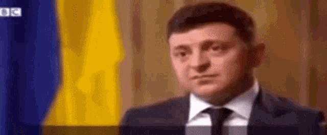 a man in a suit and tie is standing in front of a yellow and blue flag and looking at the camera .
