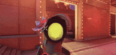 a person in a video game is looking through a scope with a red sign that says ' fox ' on it