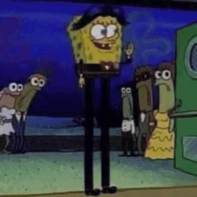 spongebob squarepants is standing in front of a group of people in a room .