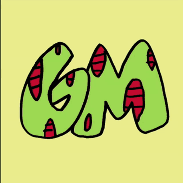 a cartoon drawing of the letter gm with green letters