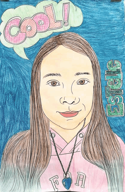 a drawing of a girl with the word cool above her