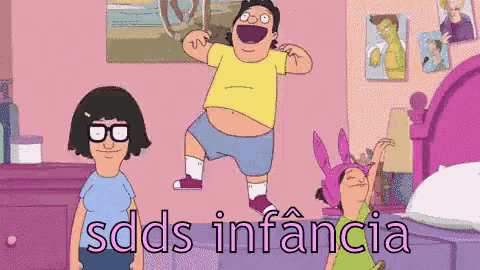 a cartoon of bob 's burgers characters dancing in a bedroom